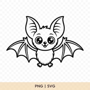 Puede incluir: Ilustración de dibujos animados en blanco y negro de un lindo murciélago con ojos grandes, orejas grandes y alas extendidas. El murciélago tiene una expresión sonriente. El texto "PNG | SVG" está en la parte inferior.