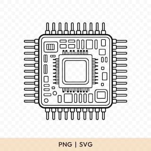以下が含まれることがあります： 白黒のコンピュータプロセッサチップのイラスト。チップは、周囲に多数の小さな長方形と正方形のコンポーネントを持つ正方形の中央コンポーネントを備えています。チップには、側面から伸びる多くのピンがあります。「PNG | SVG」というテキストが下にあります。
