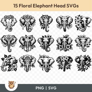 Pacote SVG de cabeça de elefante floral, clipart de cabeças de elefante, 15 arquivos de corte de elefante floral para Cricut, arquivos de corte de imagem vetorial PNG, para impressão