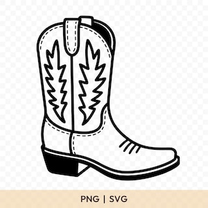May include: Black and white line art illustration of a cowboy boot. The boot features decorative stitching and a pointed toe. The text "PNG | SVG" is at the bottom of the image.