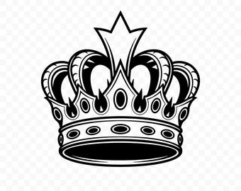 May include: Black and white illustration of a crown with a star on top. The crown has a detailed design with oval and circular accents. The image includes the text "PNG | SVG" at the bottom.