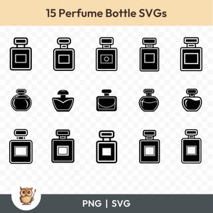 May include: A set of 15 black and white perfume bottle SVGs. The bottles are in various shapes and styles, including round, square, and rectangular. The SVGs are perfect for use in digital design projects.