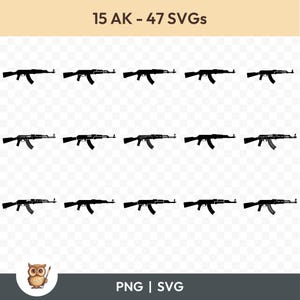 Ak-47 SVG-bundel, Ak-47 clipart, 15 Ak-47 cut-bestanden voor Cricut, PNG en SVG, gesneden vectorafbeeldingsbestanden, afdrukbaar