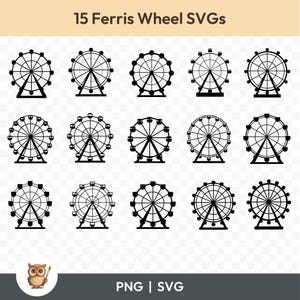 May include: Set of 15 black and white Ferris wheel SVGs. The Ferris wheels are all the same design, but with different variations in the number of spokes and the size of the wheel. The SVGs are perfect for use in crafting projects, scrapbooking, or digital design.