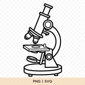 Puede incluir: Ilustración en blanco y negro de un microscopio. El microscopio tiene un ocular en ángulo, múltiples lentes de objetivo y una platina para portaobjetos. La base es redonda y el diseño es simple y limpio.