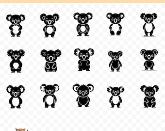 Könnte beinhalten: Set mit 15 schwarzen und weißen Koalabären-Silhouetten-SVGs. Die Koalas befinden sich in verschiedenen Posen, darunter stehend, sitzend und mit ihren Pfoten.