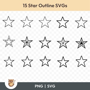 SVG-bundel steroverzicht, eenvoudige sterillustraties, 15 stergesneden bestanden voor Cricut, PNG en SVG, gesneden vectorafbeeldingsbestanden, afdrukbaar