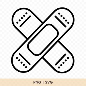 Puede incluir: Ilustración en blanco y negro de dos vendas adhesivas superpuestas. Cada venda tiene un apósito rectangular en el centro y una serie de puntos y líneas en los extremos. El texto "PNG | SVG" está en la parte inferior.