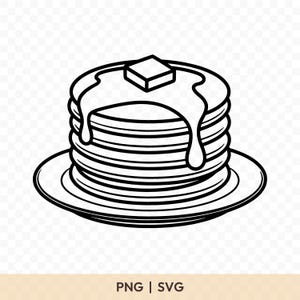 以下が含まれることがあります： お皿に盛られたパンケーキの山を白黒で描いたイラスト。バターの四角が上に乗っており、シロップが垂れています。画像には「PNG | SVG」というテキストが含まれています。