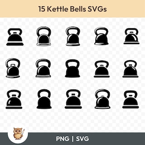 May include: Set of 15 black kettlebell SVGs, perfect for fitness and exercise themed designs.