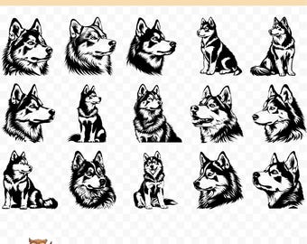 Cute Siberian Husky SVG Bundle, Siberian Husky Clipart, 15 Siberian Husky Cut Files for Cricut, PNG & SVG, Vector Image Cut Files, Printable