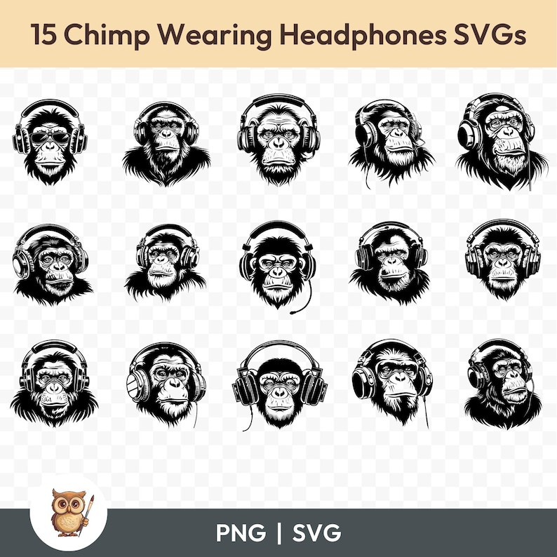 Chimp Wearing Headphones SVG Bundle, Chimp Clipart, 15 Chimp Headphones ...