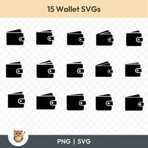 Könnte beinhalten: Ein Satz von 15 schwarzen Brieftaschen-Symbolen. Die Symbole sind in einem Rasterformat angeordnet und alle gleich groß. Die Symbole sind einfach und modern im Design.