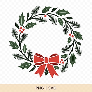 May include: A Christmas wreath illustration with green foliage, red berries, and a red bow. The circular design includes the text "PNG | SVG" at the bottom, ideal for festive decorations and craft projects.