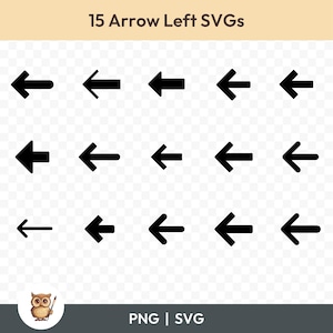 Pijl-links SVG-bundel, pijl-links clipart, 15 pijlen silhouet snijden bestanden voor Cricut, PNG en SVG, vectorafbeelding gesneden bestanden, afdrukbaar