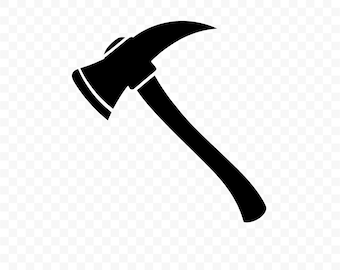 Op de afbeelding: Zwart silhouet van een brandweerbijl, met een gebogen blad en een rechthoekige kop. De steel is lang en schuin. De tekst "PNG | SVG" staat onderaan.