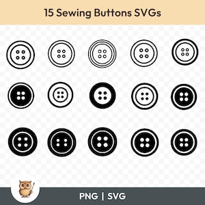 Puede incluir: Un conjunto de 15 botones de costura SVG en blanco y negro. Los botones son de varios estilos, incluyendo redondos, cuadrados y ovalados. Cada botón tiene un número diferente de agujeros.