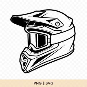 Könnte beinhalten: Schwarz-Weiß-Illustration eines Motocross-Helms. Der Helm hat ein Visier, eine Brille und einen Kinnschutz. Der Text "PNG | SVG" ist unten im Bild enthalten.