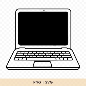 Op de afbeelding: Een zwart-wit lijntekening van een laptop. De laptop heeft een zwart scherm, een toetsenbord en een touchpad. De afbeelding bevat ook de tekst "PNG | SVG" onderaan.