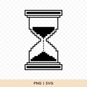 Puede incluir: Ilustración pixelada en blanco y negro de un reloj de arena. Las secciones superior e inferior son rectangulares, conectadas por una sección central más estrecha. El reloj de arena está lleno de arena negra. Incluye el texto "PNG | SVG".
