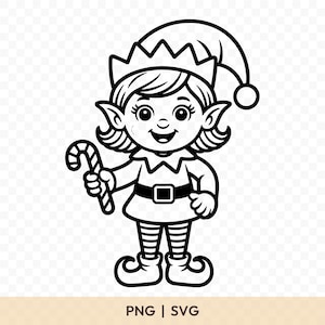 Puede incluir: Ilustración de dibujos animados en blanco y negro de un elfo sonriente sosteniendo un bastón de caramelo. El elfo lleva un gorro puntiagudo, una túnica con cinturón, mallas a rayas y zapatos rizados. Incluye el texto "PNG | SVG".