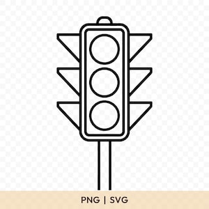 Puede incluir: Ilustración en blanco y negro de un semáforo. El semáforo tiene tres luces circulares y paneles laterales triangulares. La imagen incluye el texto "PNG | SVG" en la parte inferior.