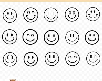 Paquete SVG de emojis sonrientes, clipart de caras sonrientes, 15 archivos de corte de sonrisas para Cricut, PNG y SVG, archivos de corte de imágenes vectoriales, imprimibles