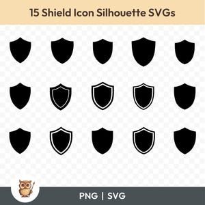 May include: A set of 15 black shield icons in various styles. The shields are all outlined in black and have a solid black fill. The icons are arranged in a grid of 3 rows and 5 columns. The icons are on a transparent background.