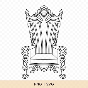 Puede incluir: Ilustración en blanco y negro de una silla de trono. La silla tiene un respaldo alto con detalles ornamentados, incluyendo volutas en los brazos y las patas. La imagen incluye el texto "PNG | SVG".