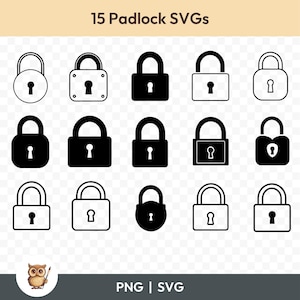 Pacote SVG de cadeado, clipart de cadeado, 15 arquivos de corte de cadeado para Cricut, PNG e SVG, arquivos de corte de imagem vetorial, para impressão