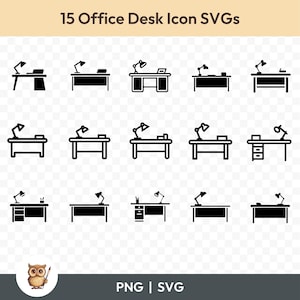 Può includere: Set di 15 icone di scrivania da ufficio in bianco e nero. Le icone rappresentano vari stili di scrivanie con lampade, cassetti e altri articoli da ufficio. Le icone sono adatte per l'uso su siti Web, app e altri progetti digitali.