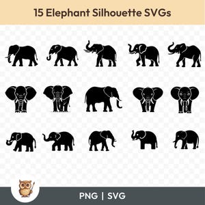 Elefant Silhouette SVG-Bundle, Elefant Clipart, 15 Elefanten-Icon-Schnittdateien für Cricut, PNG und SVG, Vektor-Bild-Schnittdateien, bedruckbar