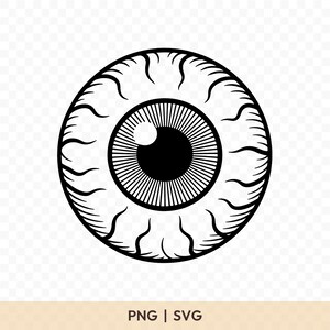 May include: A black and white graphic of an eyeball. The iris is black with white radial lines, and the pupil is a solid black circle. The white sclera is surrounded by black, curved lines. The text "PNG | SVG" is at the bottom.