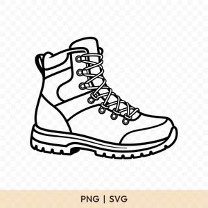 Può includere: Illustrazione in bianco e nero di uno scarponcino da trekking. Lo stivale ha una caviglia alta, un design con lacci e una suola spessa e robusta. L'immagine include il testo "PNG | SVG".