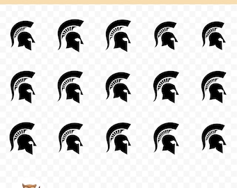 May include: A set of 15 black and white Spartan helmet SVGs. The helmets are all facing the right side of the image. The helmets are arranged in a grid of 3 rows and 5 columns.
