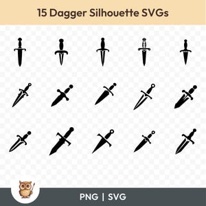 May include: A set of 15 black dagger silhouettes, each with a unique shape and design. The daggers are arranged in a grid pattern on a transparent background.