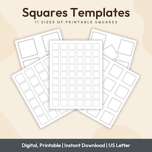 May include: A set of white printable square templates in different sizes. The image shows several sheets with square outlines, and the text "Squares Templates" and "11 SIZES OF PRINTABLE SQUARES". The bottom of the image reads "Digital, Printable | Instant Download | US Letter".
