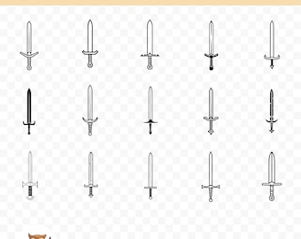 Svärd SVG-paket, svärd Clipart, 15 svärdklippfiler för Cricut, PNG och SVG, vektorbildklippfiler, utskrivbara