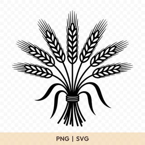 Peut inclure: Illustration en noir et blanc d'une gerbe de blé, un bouquet d'épis de blé liés ensemble. L'image présente plusieurs épis de blé s'épanouissant à partir d'un point central, avec le texte "PNG | SVG" en bas.