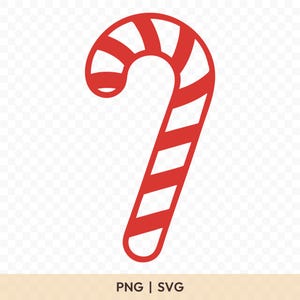 May include: A red and white striped candy cane graphic. The candy cane is a classic Christmas symbol, with a curved top and diagonal stripes. The image includes the text "PNG | SVG".