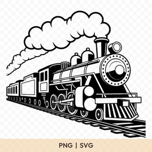 May include: Black and white illustration of a vintage steam train. The train is depicted in profile, with a large smokestack billowing smoke. The train is on a track, and the image has a transparent background. The text "PNG | SVG" is at the bottom.