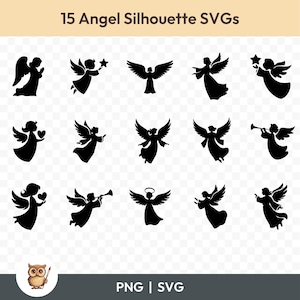 Op de afbeelding: Set van 15 zwarte engel silhouet SVG's. De engelen worden afgebeeld in verschillende poses, waaronder het vasthouden van een hart, een ster en een trompet. 15 Engel silhouet SVG's.