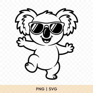 May include: A black and white cartoon koala wearing sunglasses, with its arms outstretched and one leg raised in a playful pose. The image includes the text "PNG | SVG" at the bottom, indicating file formats.