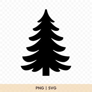 Puede incluir: Una silueta negra de un árbol de Navidad con ramas en capas. La imagen es un tipo de archivo PNG y SVG, adecuado para proyectos de diseño digital y artesanía. El árbol tiene una forma clásica de hoja perenne.