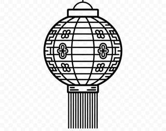 May include: Black and white line art illustration of a round Chinese lantern. The lantern features floral and geometric patterns, horizontal lines, and a tassel. The text "PNG | SVG" is at the bottom.