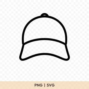 Puede incluir: Un dibujo lineal en blanco y negro de una gorra de béisbol. La gorra tiene una visera curva y una corona redondeada. La imagen incluye el texto "PNG | SVG" en la parte inferior.