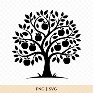 May include: A black silhouette of an apple tree with apples and leaves. The tree has a thick trunk and branches filled with leaves and apples. The image is a PNG and SVG file.