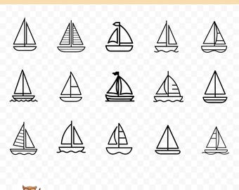 Segelbåtskontur SVG-paket, segelbåtsclipart, 15 enkla segelbåtsklippfiler för Cricut, PNG och SVG, vektorbildsklippfiler, utskrivbara
