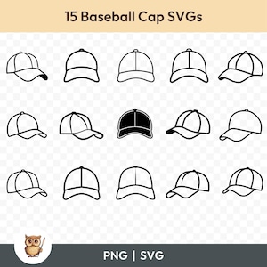 Pacchetto SVG di cappellini da baseball, Clipart di cappellini, 15 file di taglio di cappellini da baseball per Cricut, PNG e SVG, file di taglio di immagini vettoriali, stampabili