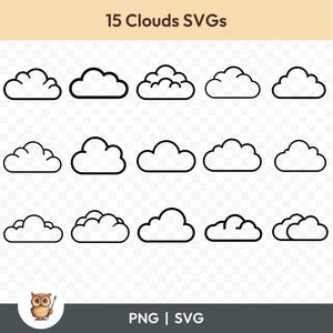 Bundle SVG nuage simple, Clipart nuage, 15 fichiers de coupe nuage pour Cricut, PNG et SVG, fichiers de coupe image vectorielle, imprimable